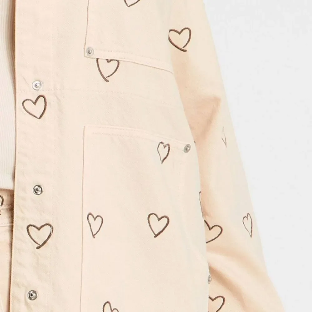 Women's Heart Embroidered Chore Denim Jacket - Universal Thread Cream XXL